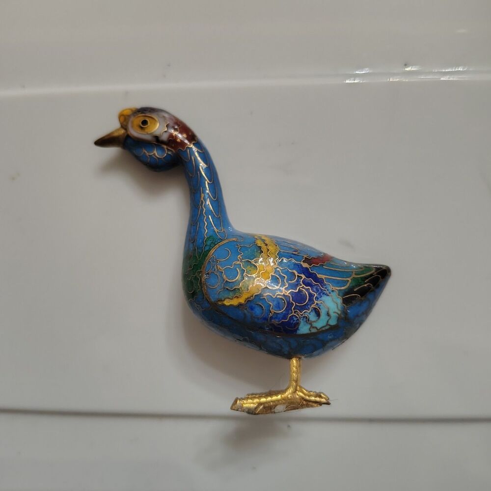 Vintage Oriental Brass Cloisonné Small Goose Figurine